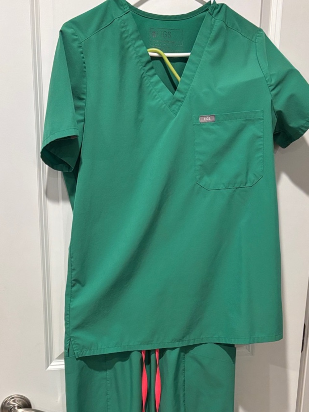 Figs Green Scrub-Style Pajama Set with Pink Drawstrings